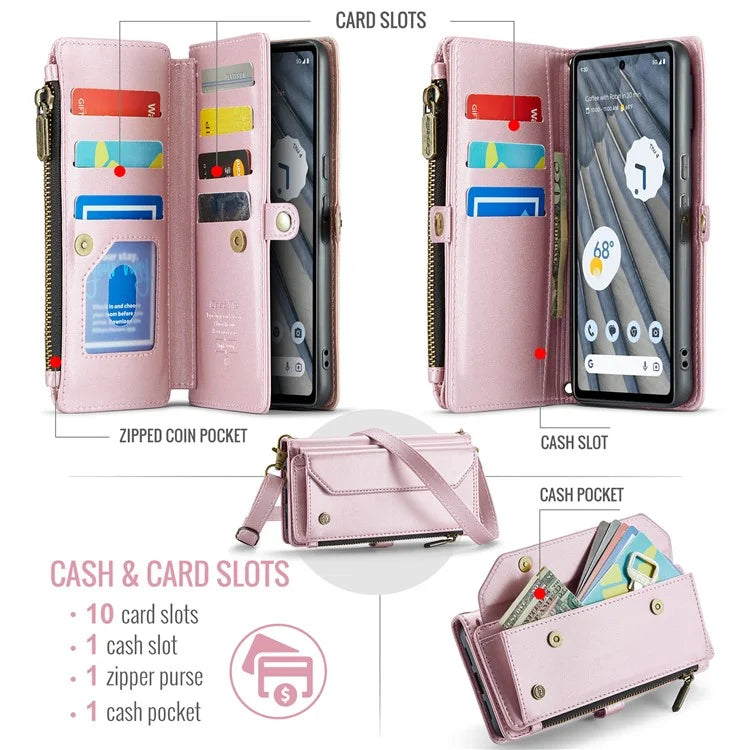 CASEME C36 Series For Google Pixel 7a Case 10 Card Slots PU Leather Zipper Phone Cover Handbag Purse