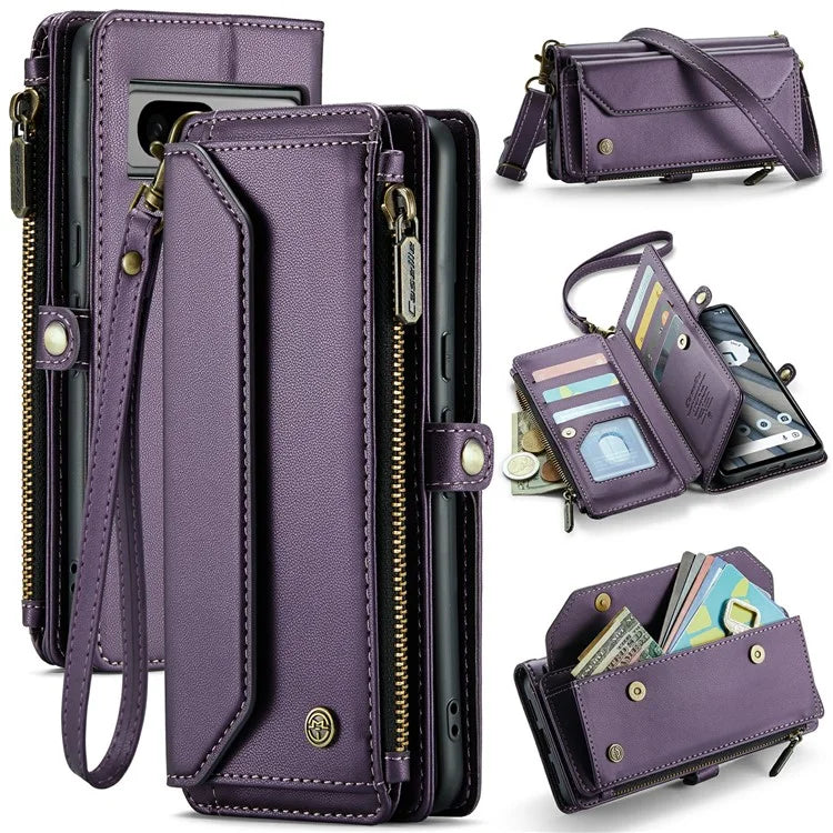CASEME C36 Series For Google Pixel 7a Case 10 Card Slots PU Leather Zipper Phone Cover Handbag Purse