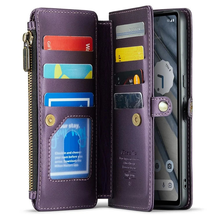 CASEME C36 Series For Google Pixel 7a Case 10 Card Slots PU Leather Zipper Phone Cover Handbag Purse