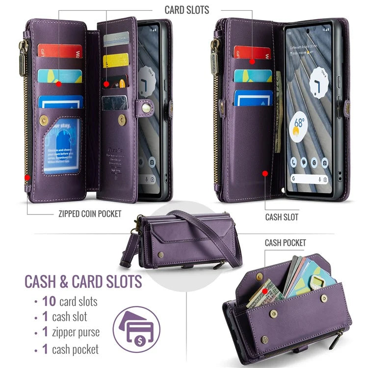 CASEME C36 Series For Google Pixel 7a Case 10 Card Slots PU Leather Zipper Phone Cover Handbag Purse