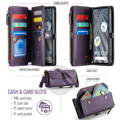 CASEME C36 Series For Google Pixel 7a Case 10 Card Slots PU Leather Zipper Phone Cover Handbag Purse