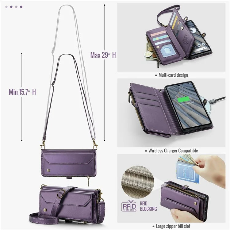 CASEME C36 Series For Google Pixel 7a Case 10 Card Slots PU Leather Zipper Phone Cover Handbag Purse