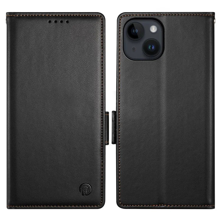 DF-010 For iPhone 15 Case Side Magnetic Clasps Leather Phone Cover with Wallet Stand