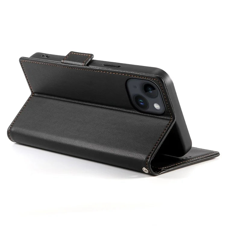 DF-010 For iPhone 15 Case Side Magnetic Clasps Leather Phone Cover with Wallet Stand