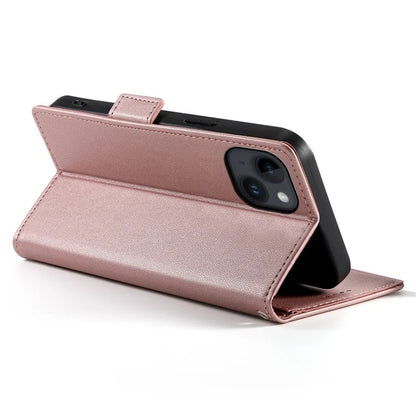 DF-010 For iPhone 15 Case Side Magnetic Clasps Leather Phone Cover with Wallet Stand