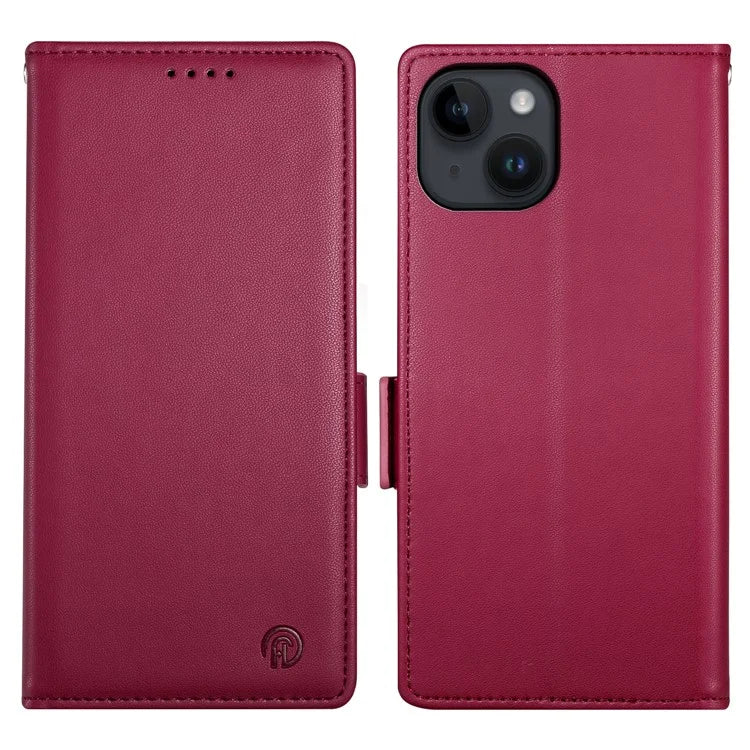 DF-010 For iPhone 15 Case Side Magnetic Clasps Leather Phone Cover with Wallet Stand