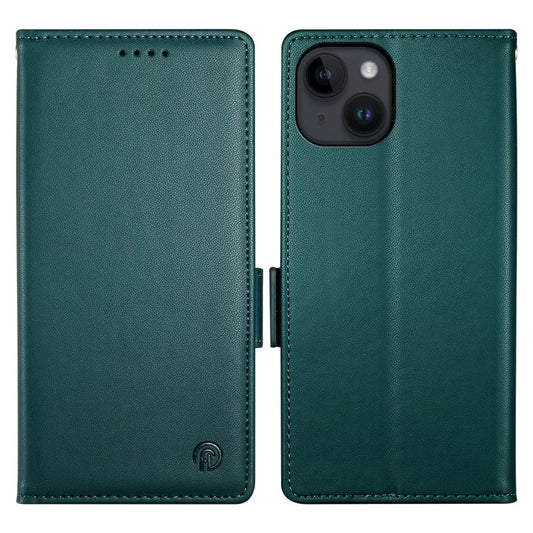 DF-010 For iPhone 15 Case Side Magnetic Clasps Leather Phone Cover with Wallet Standish Green