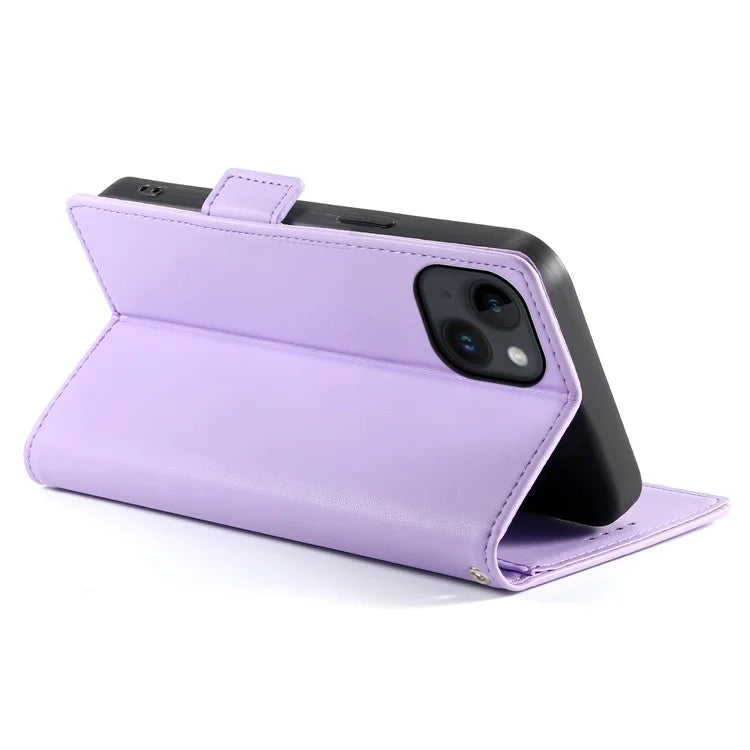 DF-010 For iPhone 15 Case Side Magnetic Clasps Leather Phone Cover with Wallet Stand