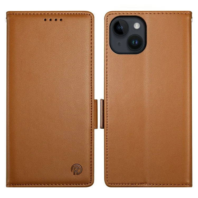 DF-010 For iPhone 15 Case Side Magnetic Clasps Leather Phone Cover with Wallet Stand
