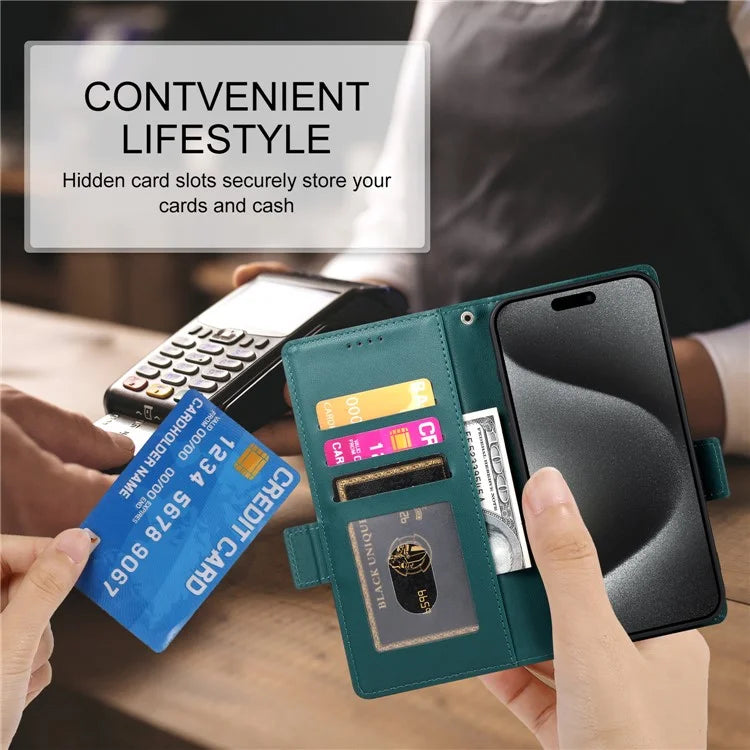 DF-010 For iPhone 15 Pro Case Side Magnetic Clasps Leather Wallet Stand Phone Coverish Green