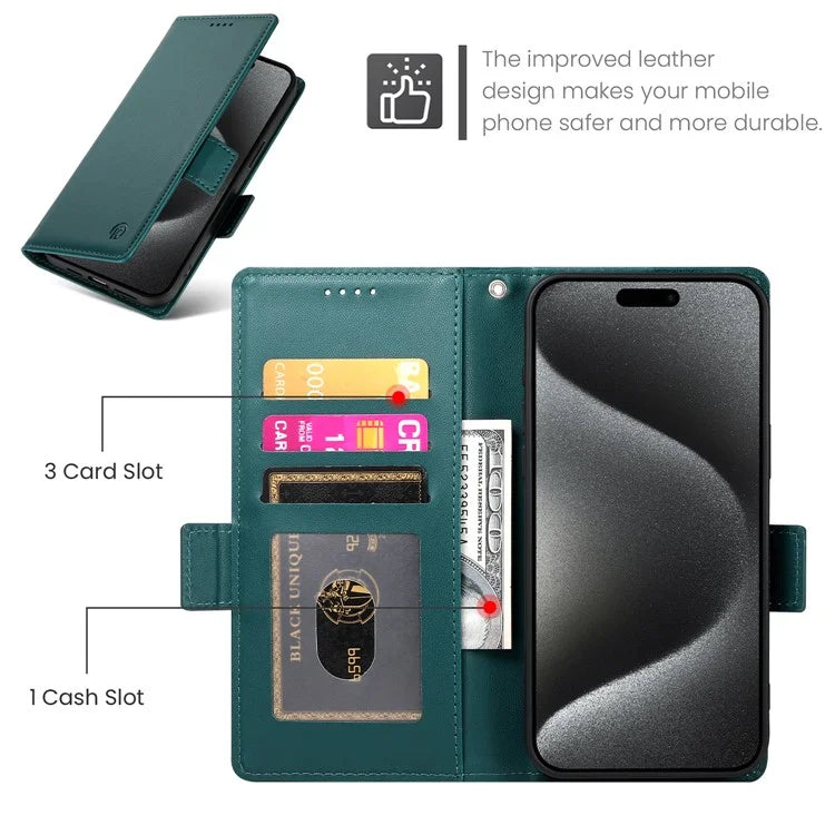 DF-010 For iPhone 15 Pro Case Side Magnetic Clasps Leather Wallet Stand Phone Coverish Green
