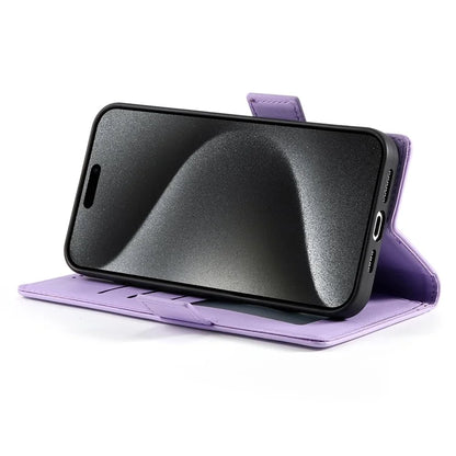 DF-010 For iPhone 15 Pro Case Side Magnetic Clasps Leather Wallet Stand Phone Cover