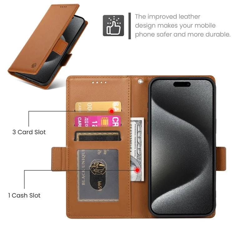 DF-010 For iPhone 15 Pro Case Side Magnetic Clasps Leather Wallet Stand Phone Cover