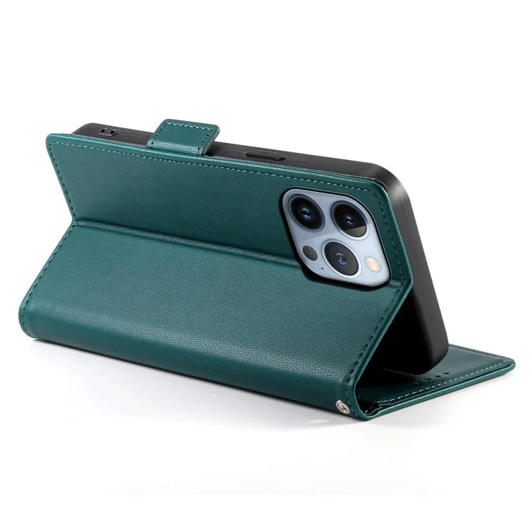 DF-010 For iPhone 13 Pro Case Full Protection PU Leather Phone Cover with Walletish Green