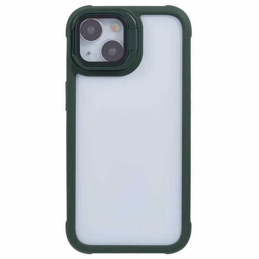 For iPhone 13 Case Lens Frame Kickstand PC + TPU Non-Slip Edge  Phone Cover