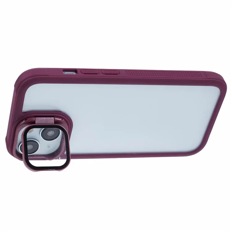 For iPhone 13 Case Lens Frame Kickstand PC + TPU Non-Slip Edge  Phone Cover