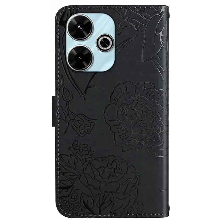 HT03 For Xiaomi Redmi 13 4G Case Floral Butterfly PU Leather Phone Cover with Hand Strap