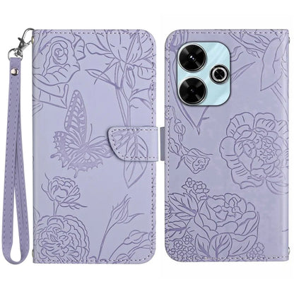 HT03 For Xiaomi Redmi 13 4G Case Floral Butterfly PU Leather Phone Cover with Hand Strap
