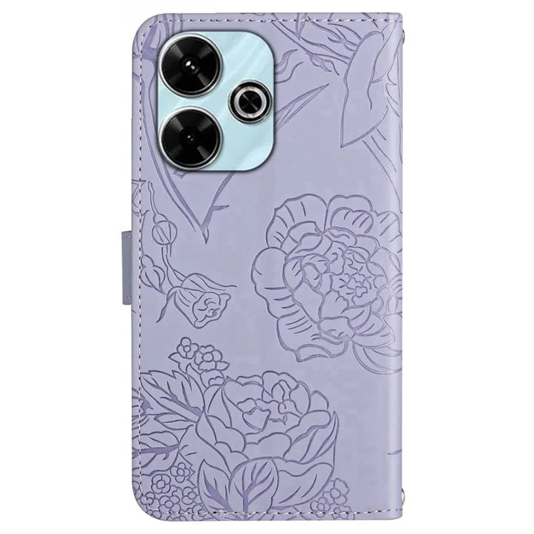 HT03 For Xiaomi Redmi 13 4G Case Floral Butterfly PU Leather Phone Cover with Hand Strap