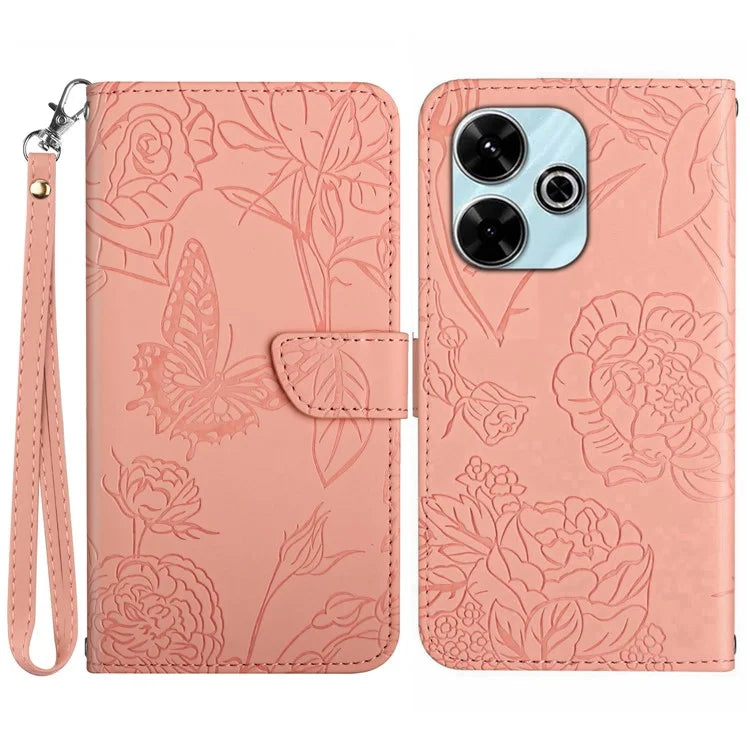 HT03 For Xiaomi Redmi 13 4G Case Floral Butterfly PU Leather Phone Cover with Hand Strap