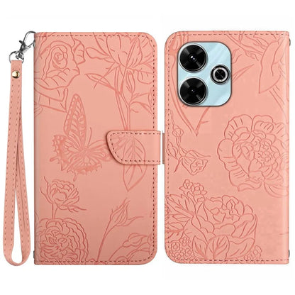 HT03 For Xiaomi Redmi 13 4G Case Floral Butterfly PU Leather Phone Cover with Hand Strap