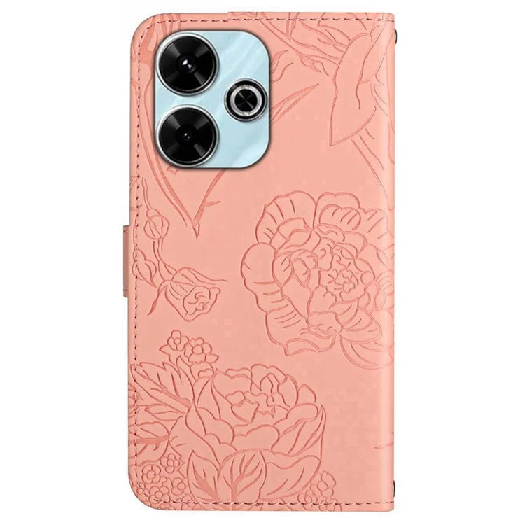 HT03 For Xiaomi Redmi 13 4G Case Floral Butterfly PU Leather Phone Cover with Hand Strap