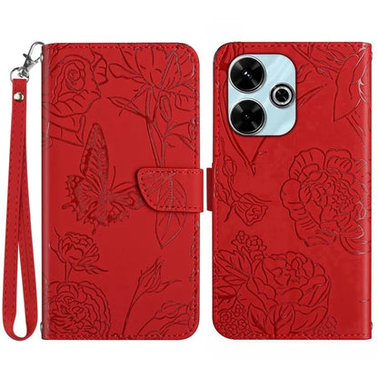 HT03 For Xiaomi Redmi 13 4G Case Floral Butterfly PU Leather Phone Cover with Hand Strap