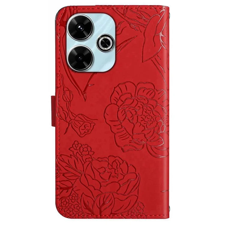 HT03 For Xiaomi Redmi 13 4G Case Floral Butterfly PU Leather Phone Cover with Hand Strap