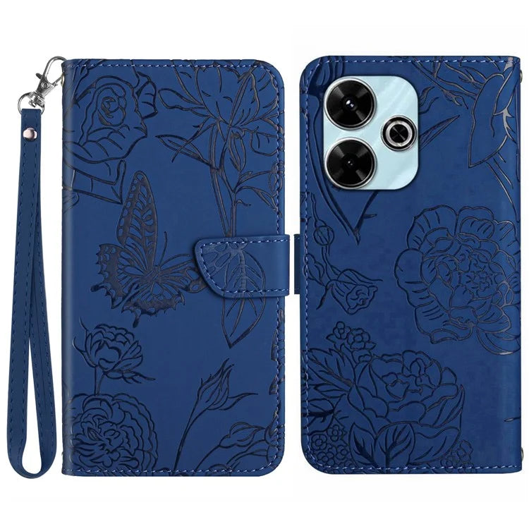 HT03 For Xiaomi Redmi 13 4G Case Floral Butterfly PU Leather Phone Cover with Hand Strap