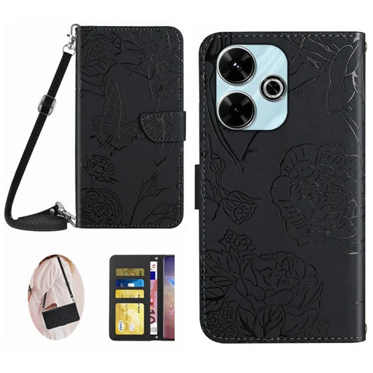 HT03 For Xiaomi Redmi 13 4G Case Butterfly Flowers Imprint Leather Flip Phone Cover