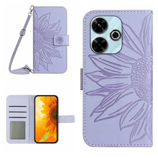 HT04 For Xiaomi Redmi 13 4G Case Sunflower Leather Phone Cover with Shoulder Strap