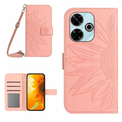 HT04 For Xiaomi Redmi 13 4G Case Sunflower Leather Phone Cover with Shoulder Strap