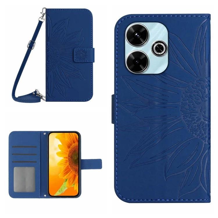 HT04 For Xiaomi Redmi 13 4G Case Sunflower Leather Phone Cover with Shoulder Strap
