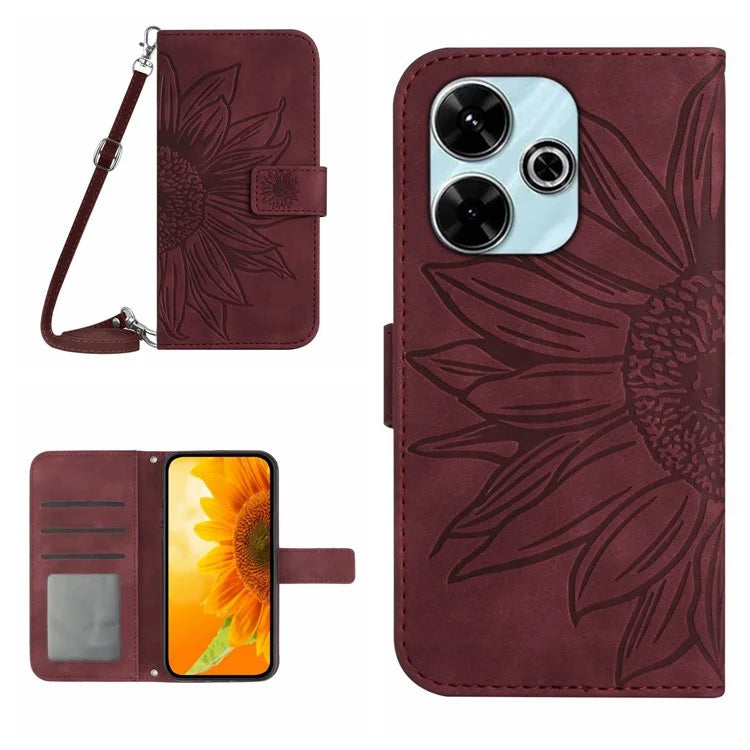 HT04 For Xiaomi Redmi 13 4G Case Sunflower Leather Phone Cover with Shoulder Strap