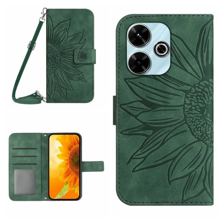 HT04 For Xiaomi Redmi 13 4G Case Sunflower Leather Phone Cover with Shoulder Strap