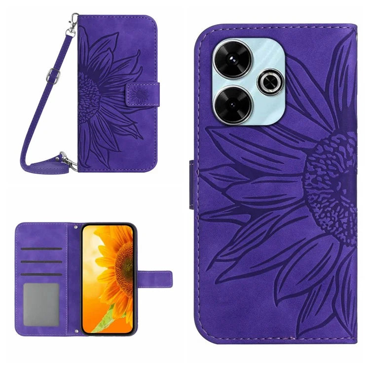 HT04 For Xiaomi Redmi 13 4G Case Sunflower Leather Phone Cover with Shoulder Strap
