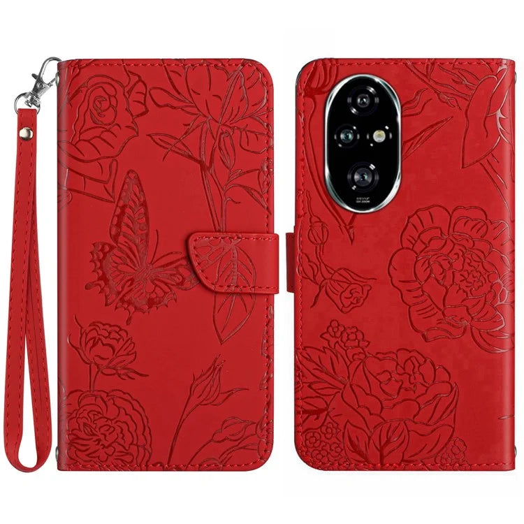 HT03 For Honor 200 Pro 5G Case PU Leather Phone Cover Butterfly and Flower Imprinted