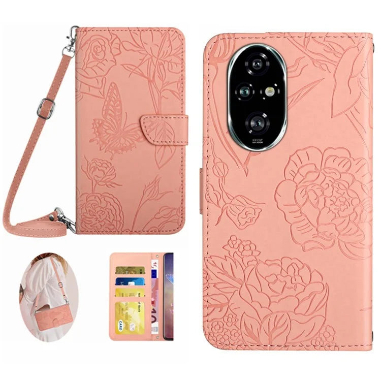 HT03 For Honor 200 Pro 5G Crossbody Case Butterfly Flowers Leather Flip Phone Cover