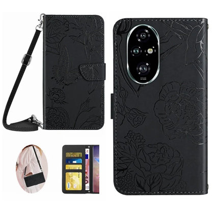 HT03 For Honor 200 5G Case with Shoulder Strap Butterfly Flowers Leather Phone Cover