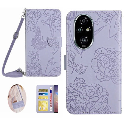 HT03 For Honor 200 5G Case with Shoulder Strap Butterfly Flowers Leather Phone Cover