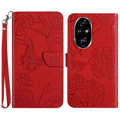 HT03 For Honor 200 5G Case PU Leather Phone Cover with Hand Strap Butterfly Flower Pattern