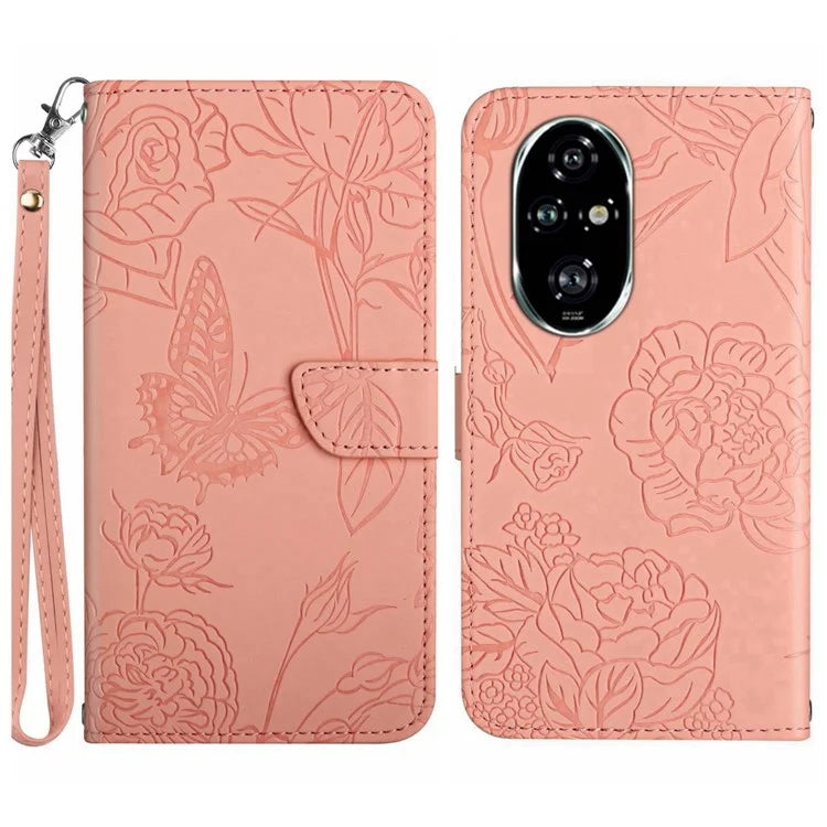 HT03 For Honor 200 5G Case PU Leather Phone Cover with Hand Strap Butterfly Flower Pattern