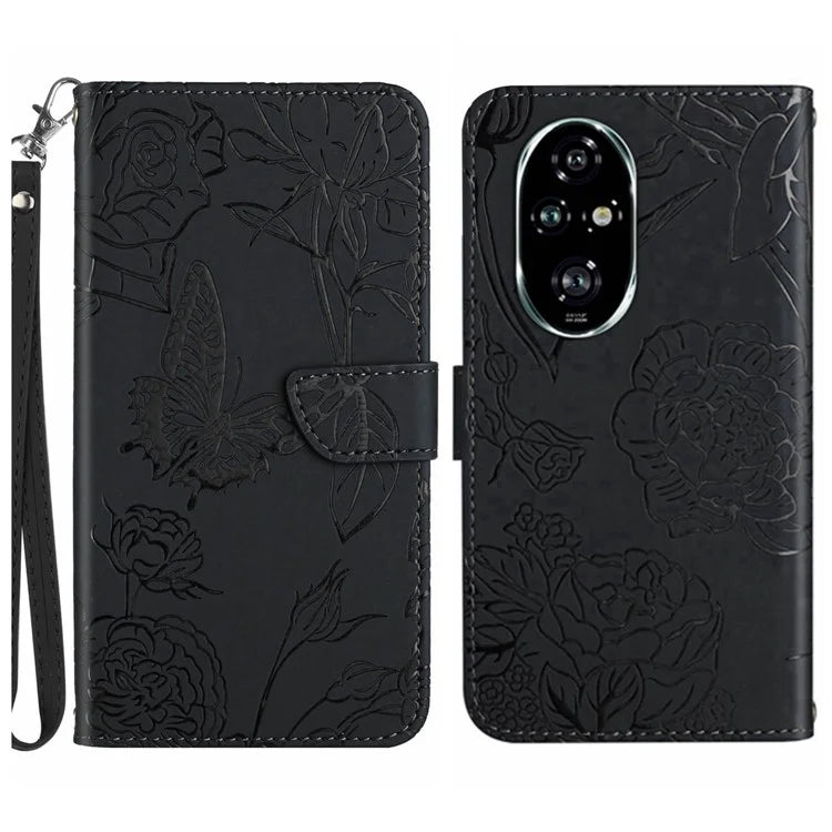 HT03 For Honor 200 5G Case PU Leather Phone Cover with Hand Strap Butterfly Flower Pattern