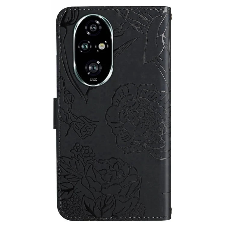 HT03 For Honor 200 5G Case PU Leather Phone Cover with Hand Strap Butterfly Flower Pattern