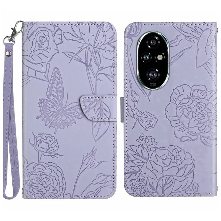 HT03 For Honor 200 5G Case PU Leather Phone Cover with Hand Strap Butterfly Flower Pattern