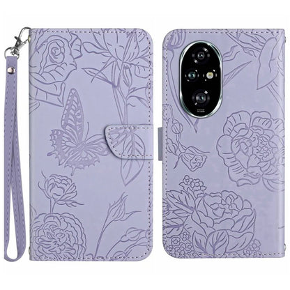HT03 For Honor 200 5G Case PU Leather Phone Cover with Hand Strap Butterfly Flower Pattern