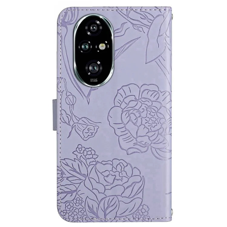 HT03 For Honor 200 5G Case PU Leather Phone Cover with Hand Strap Butterfly Flower Pattern