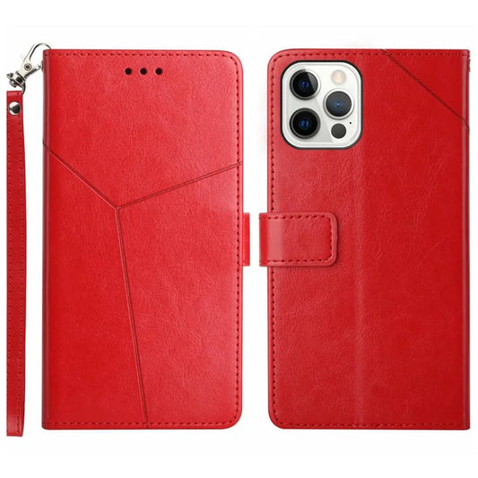HT01 For iPhone 16 Pro Max Case Y-Shaped Lines PU Leather Wrist Strap Phone Cover