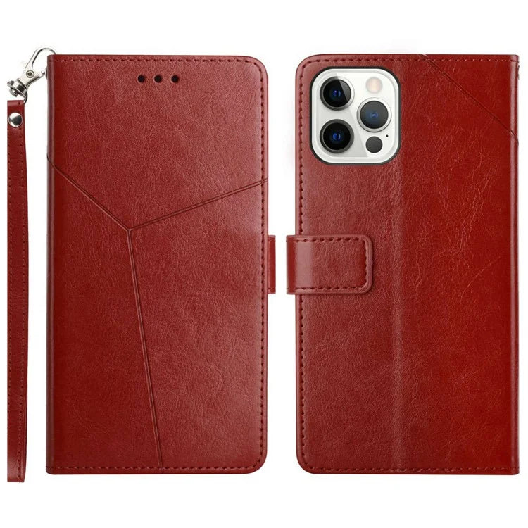 HT01 For iPhone 16 Pro Max Case Y-Shaped Lines PU Leather Wrist Strap Phone Cover