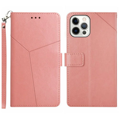 HT01 For iPhone 16 Pro Max Case Y-Shaped Lines PU Leather Wrist Strap Phone Cover